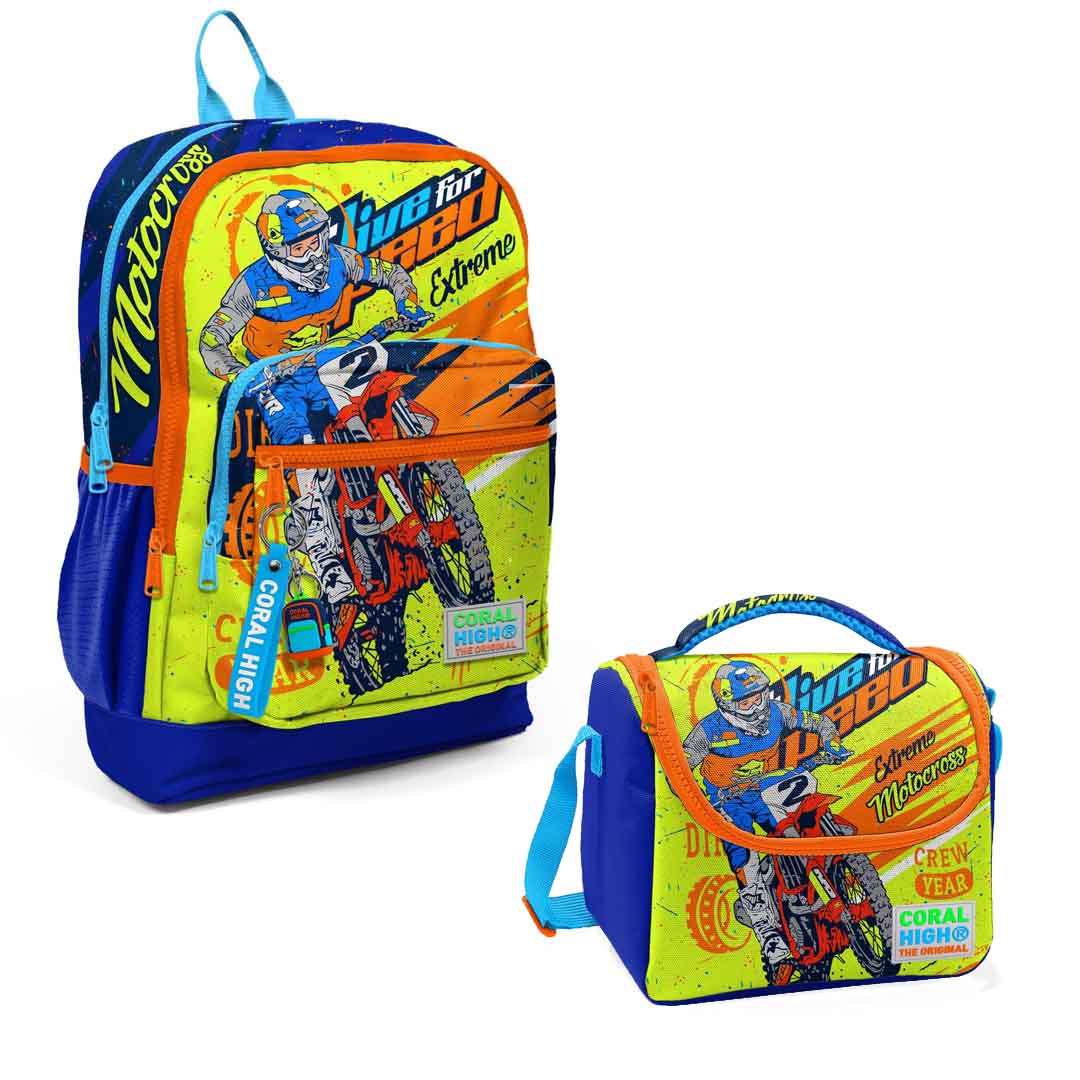 Coral High Kids Motorsiklet Desenli Dört Bölmeli Okul Sırt Çantası 23742 + Beslenme