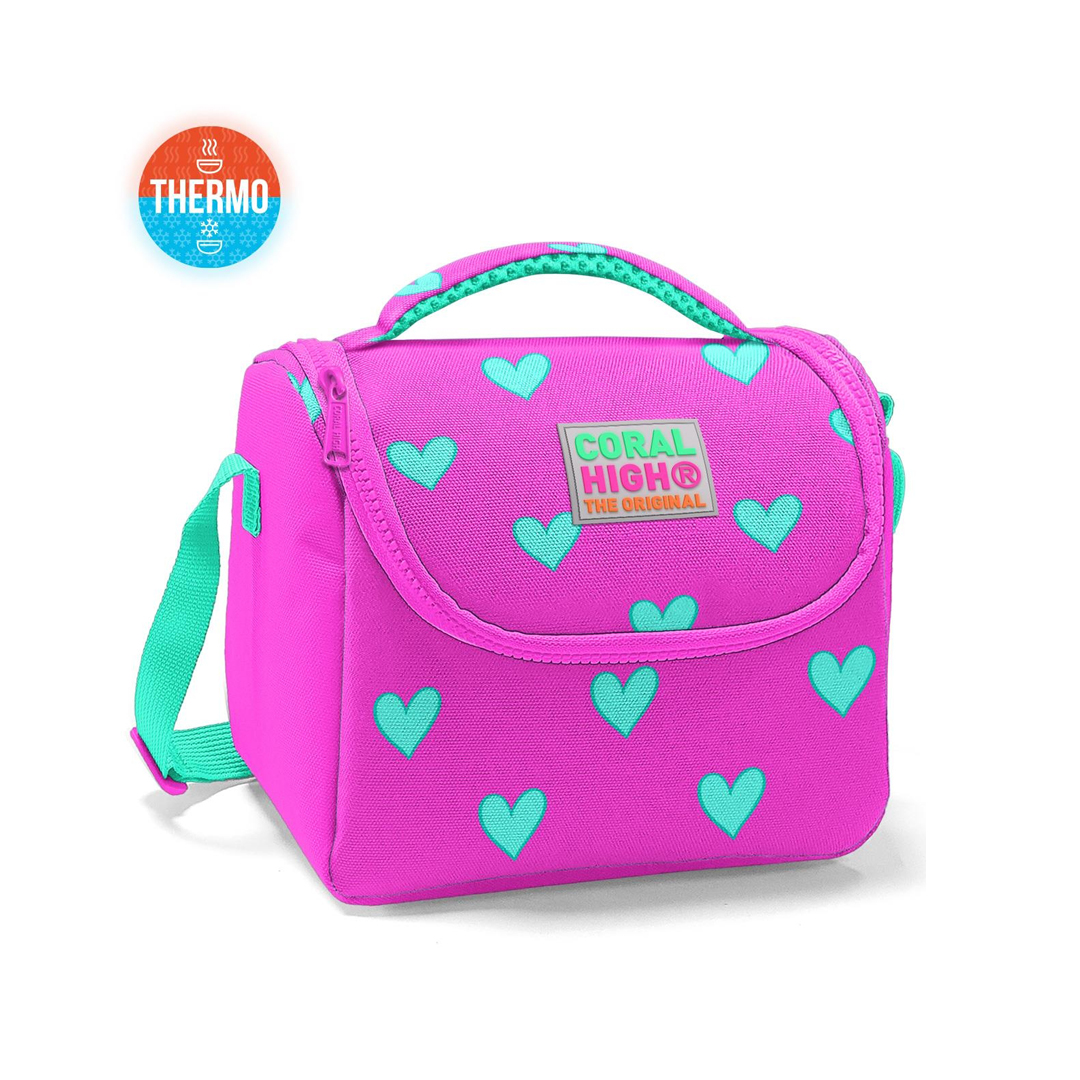 Coral High Kids Pembe Su Yeşili Kalp Desenli Thermo Beslenme Çantası 11806
