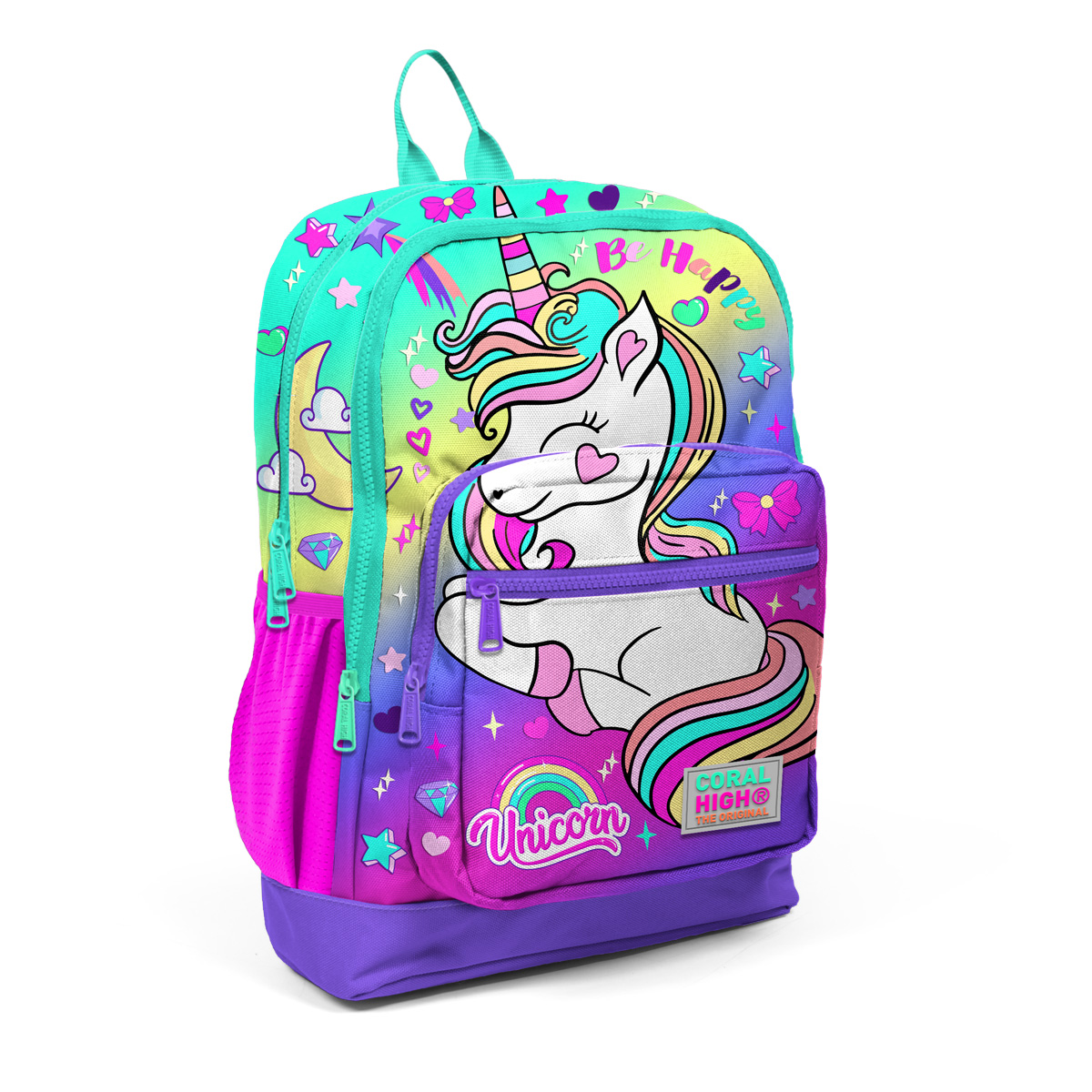 Coral High Kids Su Yeşili Unicorn Desenli Dört Bölmeli Okul Sırt Çantası 23729