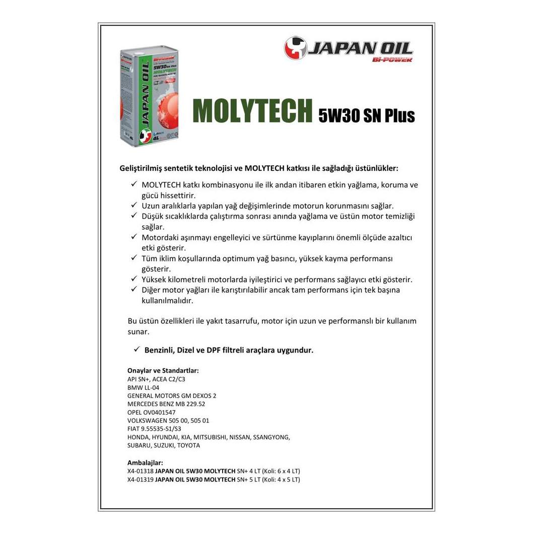 Japan Oil Molytech SN+ Plus Tam Sentetik 5W30 4Lt (Ü:2024)