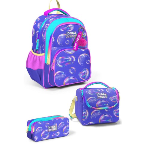 Coral High Kids Lavanta Pembe Baloncuk Desenli 3'lü Okul Çanta Seti 23656