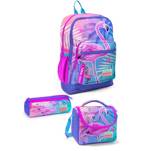 Coral High Kids Lavanta Pembe Flamingo Desenli 3’lü Okul Çanta Seti