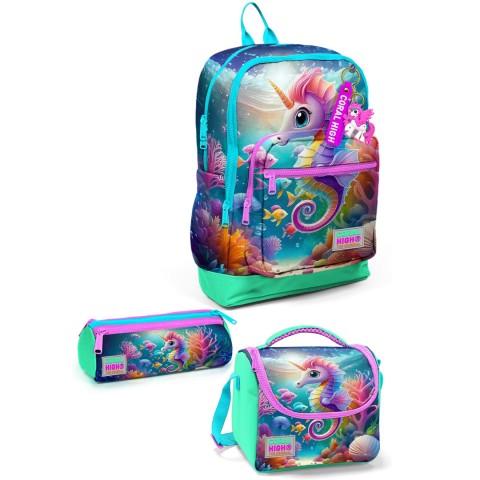 Coral High Kids Mavi Su Yeşili Denizatı Desenli 3’lü Okul Çanta Seti 23772
