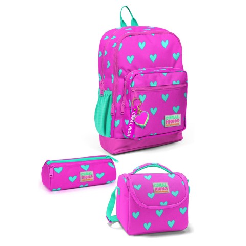 Coral High Kids Neon Pembe Su Yeşili Kalp Desenli 3’lü Okul Çanta Seti