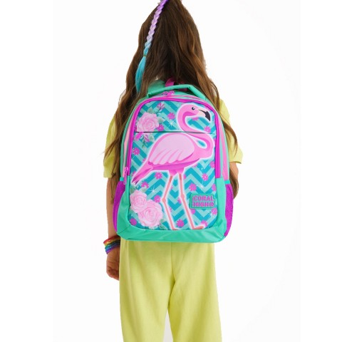 Coral High Kids Su Yeşili Flamingo Desenli Üç Bölmeli Okul Sırt Çantası 14382