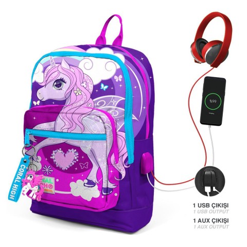 Coral High Kids Unicorn Desenli Dört Bölmeli USB'li Okul Sırt Çantası 23808