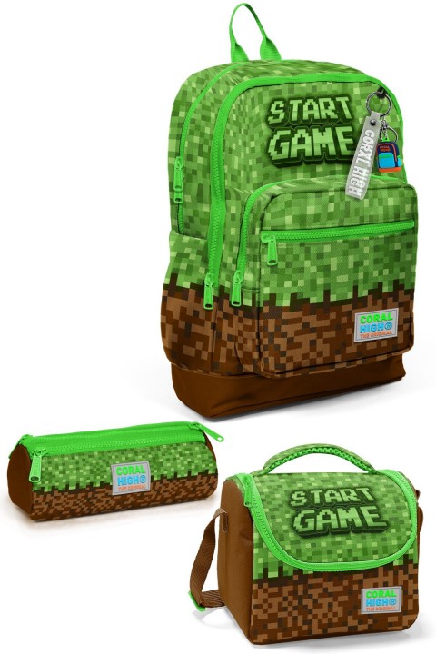 Coral High Kids Yeşil Kahverengi High Craft Desenli 3’lü Okul Çanta Seti
