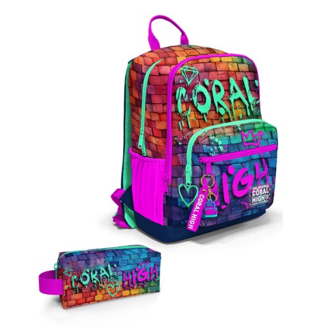 Coral High Pembe Lacivert Grafiti Yazılı 2'li Okul Çanta