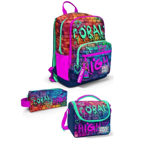 Coral High Pembe Lacivert Grafiti Yazılı 3’lü Okul Çanta