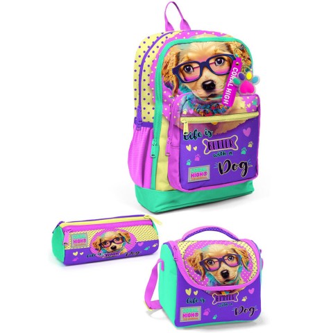 Coral High Sarı Pembe Sevimli Köpek Desenli 3’lü Okul Çanta Seti 23752
