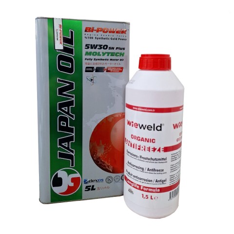 Japan Oil Molytech SN+ Plus Tam Sentetik 5W30 5Lt (Ü:2024) + -56 Kırmızı Antifiriz 1,5 Lt