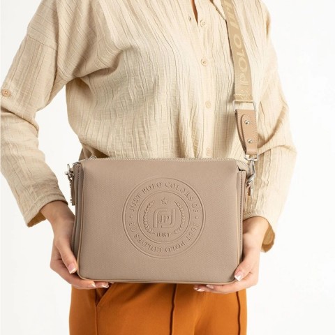 Just Polo Kadın Üç Bölmeli Lakoste Kumaş Çapraz ve Omuz Çantası Kum